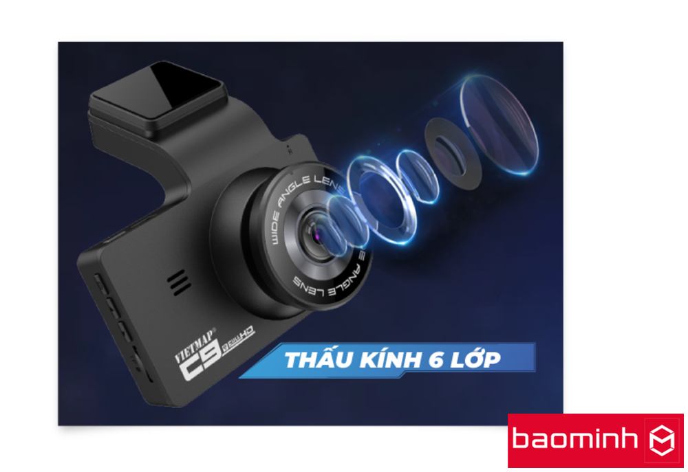 Ống kính ghi hình của VIETMAP C9 được trang bị ống kính ghi hình 6 lớp góc rộng cùng độ phân giải video FULL HD 1080p giúp ghi hình rõ nét toàn cảnh trước xe cả ngày & đêm.