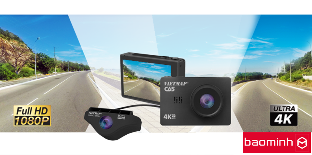 VietMap C65 được trang bị camera trước độ phân giải Ultra HD 4K kết hợp cùng camera sau Full HD 1080p trang bị cảm biến ảnh Sony Starvis, ghi lại chi tiết toàn bộ hành trình trước sau xe cùng với tốc độ. Lưu ý: VietMap C65 ghi hình với độ phân giải Full HD khi ghi hình cùng lúc trước sau.  