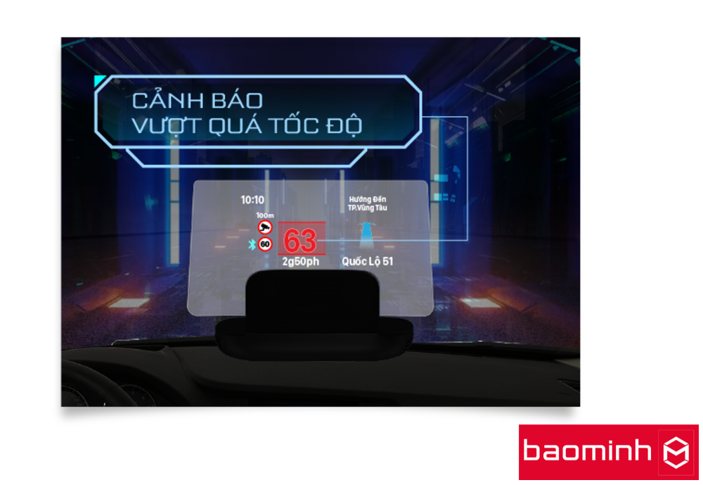 HUD H1AS sử dụng thông tin tốc độ thực tế lấy từ giao thức OBDII. Khi xe chạy quá tốc độ cho phép thiết bị sẽ thông báo bằng âm thanh kết hợp hình ảnh để người tài xế chủ động lái xe phù hợp với luật giao thông Việt Nam.